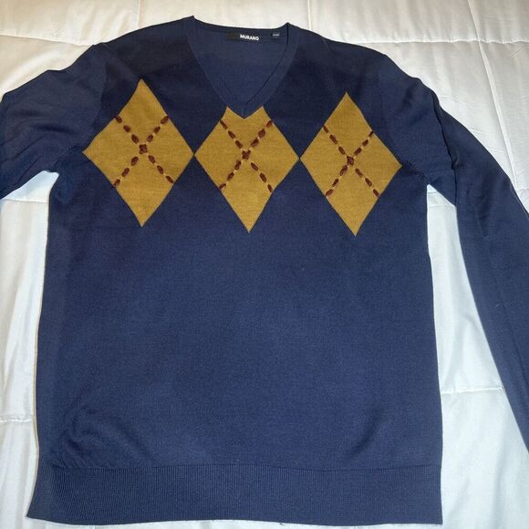 Murano Acrylic V-Neck Lightweight Pullover Sweater Navy Argyle Size Large L - Picture 5 of 13